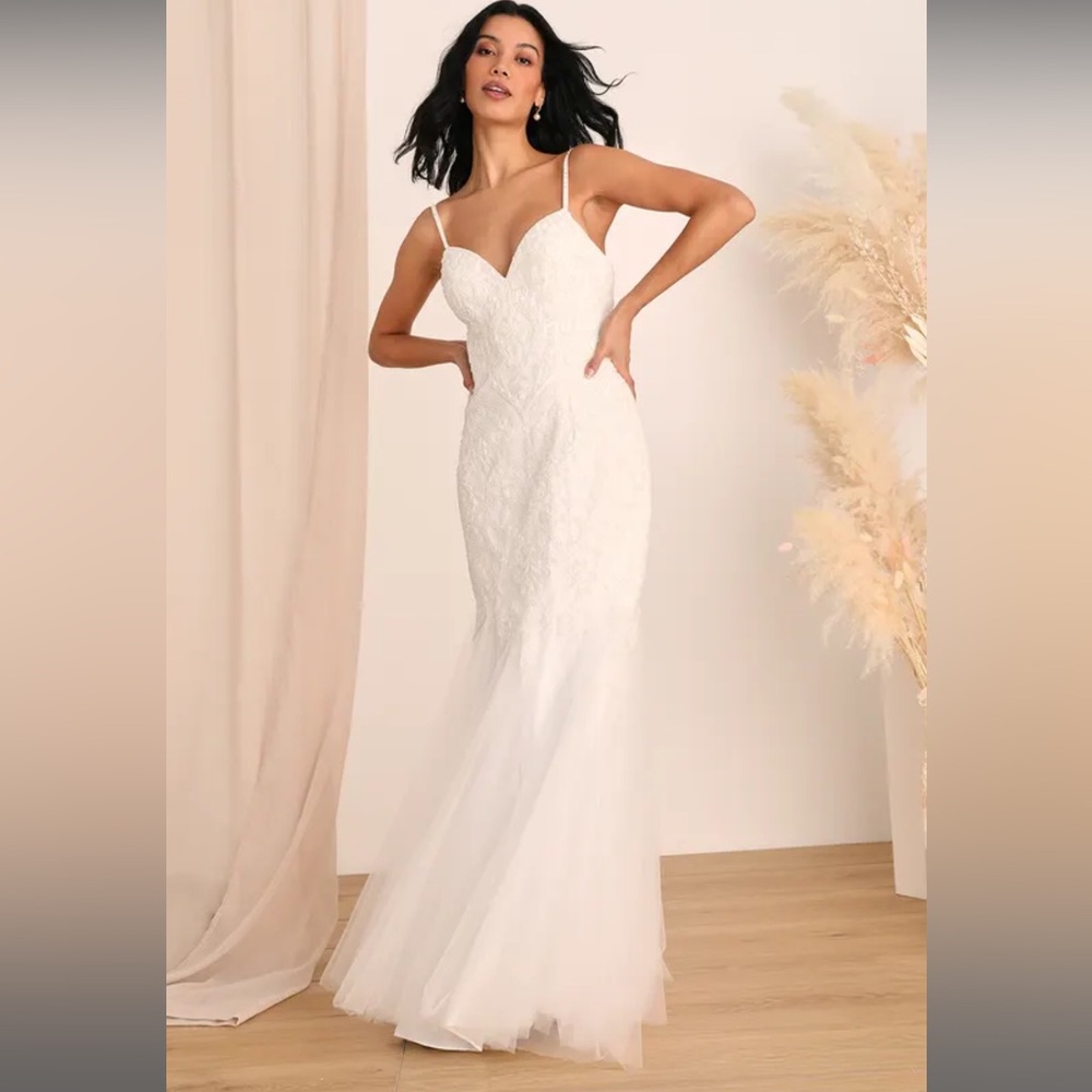 Dream Romance White Beaded Tulle Trumpet Maxi Dress- Wedding Dress|Bridal|Evenin